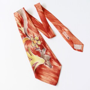 Vintage 1940s Mid Century Hand Painted Orange Tie With Yellow Flowers