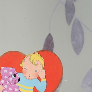 Vintage 1920s Children&#39;s Valentines Day Card, Boy with Stuffed Animal Dog