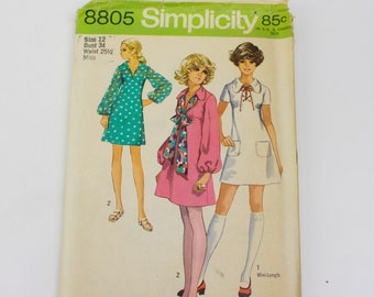 1970s Womens/Junior Misses Dress in Two Lengths Sewing Pattern Simplicity 8805, Complete, Size 12, Bust 34"