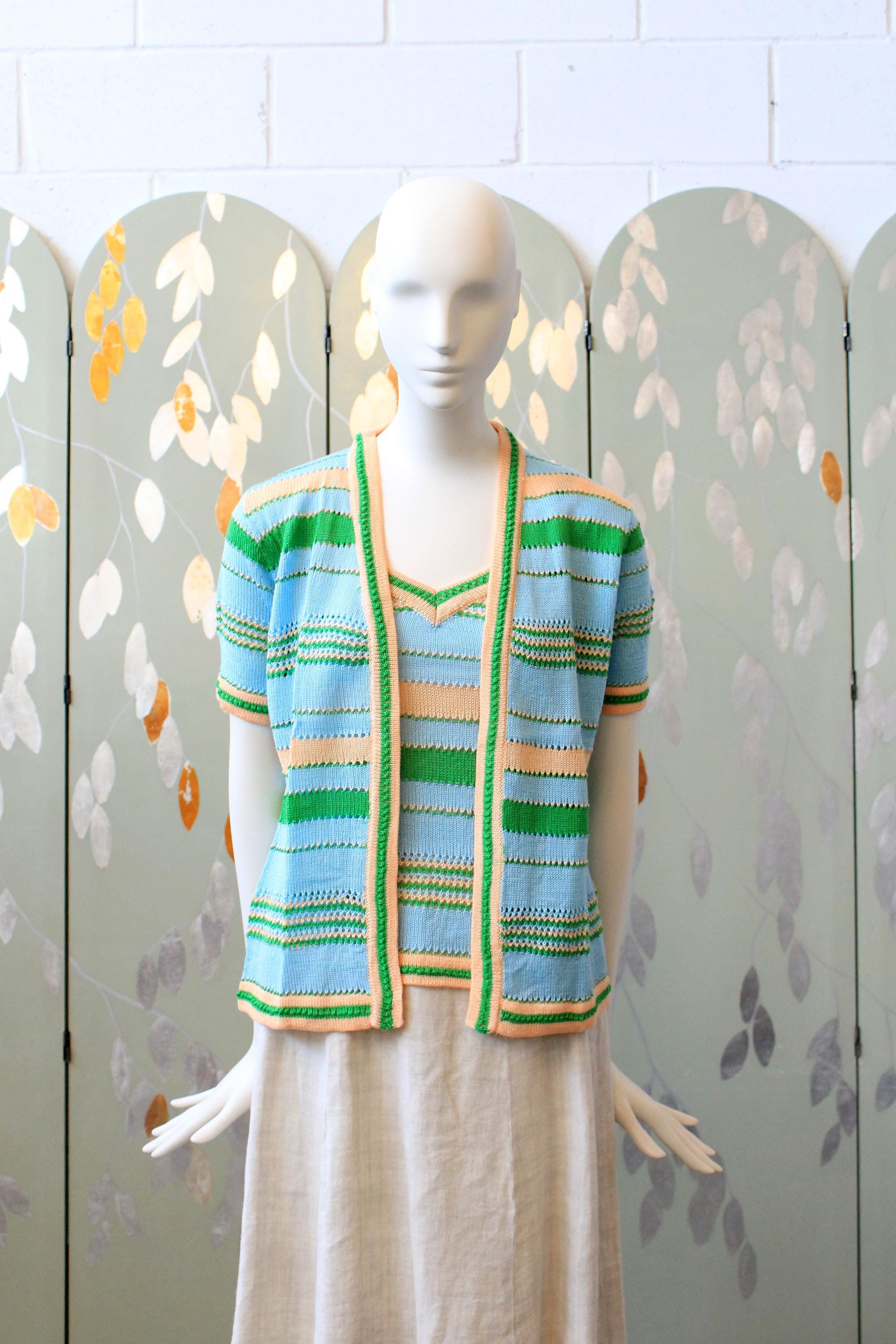 1970s Short Sleeve Striped Acrylic Tank Top and Cardigan Set, Blue