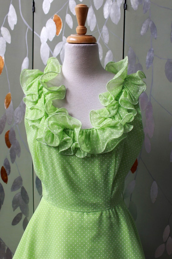 1960s Lime Green Polka Dot Party Dress, Small, Ru… - image 3