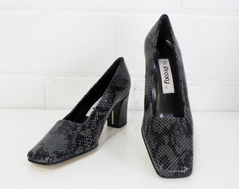 1990s Snakeskin Pumps 8.5, Vintage Square Toe Leather High Heels, Proxy 90s Vintage Shoes, Made in Spain