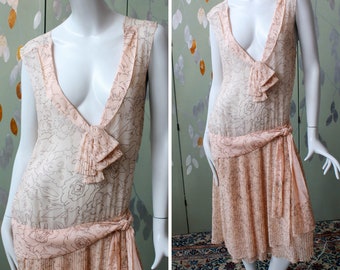 1920s Pale Pink Silk Dress with Floral Print, Dropwaist, Small/Medium, Pleated Skirt