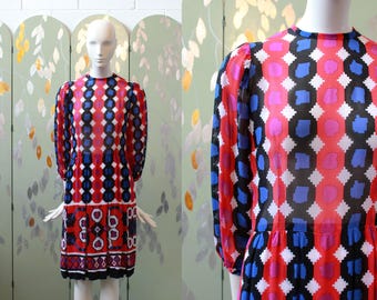 1970s Chiffon Geometric Circle Print Tunic 3/4 sleeve Party Dress, XS