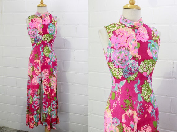 Vintage 1970s Hot Pink Floral Print Wide Leg Jumps