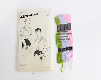 1940s Collared Blouse with Embroidery Thread Woman 139 Sewing Pattern, Vintage 40s, Complete, Factory Folds, Bust 36