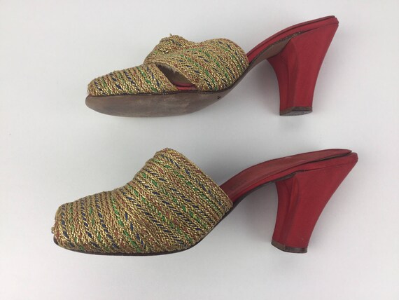 1930s Red & Gold Peep Toe High Heel Shoes, 3 Inch… - image 7