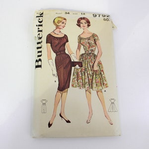 1960s Women's Dress Sewing Pattern Butterick 9792, Vintage 60s Pattern, Full or Slim Skirt, Short Sleeves, Bust 34 in., Complete