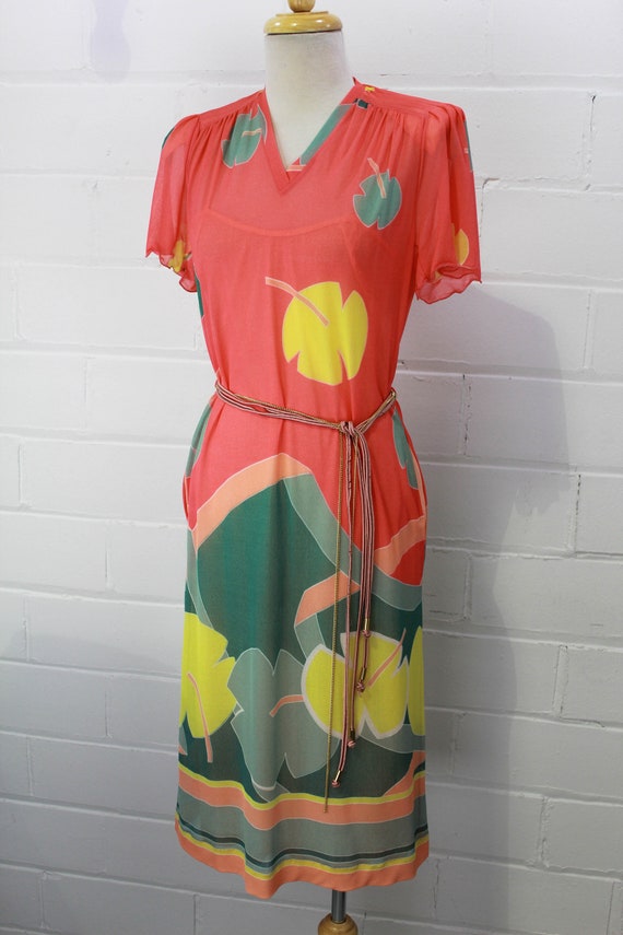 VINTAGE 60s 70s BLACK YELLOW LILAC FLORAL SHEER PUFF SLEEVE SWING DRESS 8 main image 1
