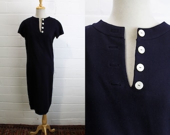 1950s Bonwit Teller Anne Klein Navy Shift Dress, Vintage 50s Short Sleeve Day Dress with Back Pleat Details, Junior Sophisticates, Bust 38