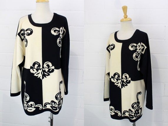 Vintage 1980s Escada Sweater, Black and White Knit