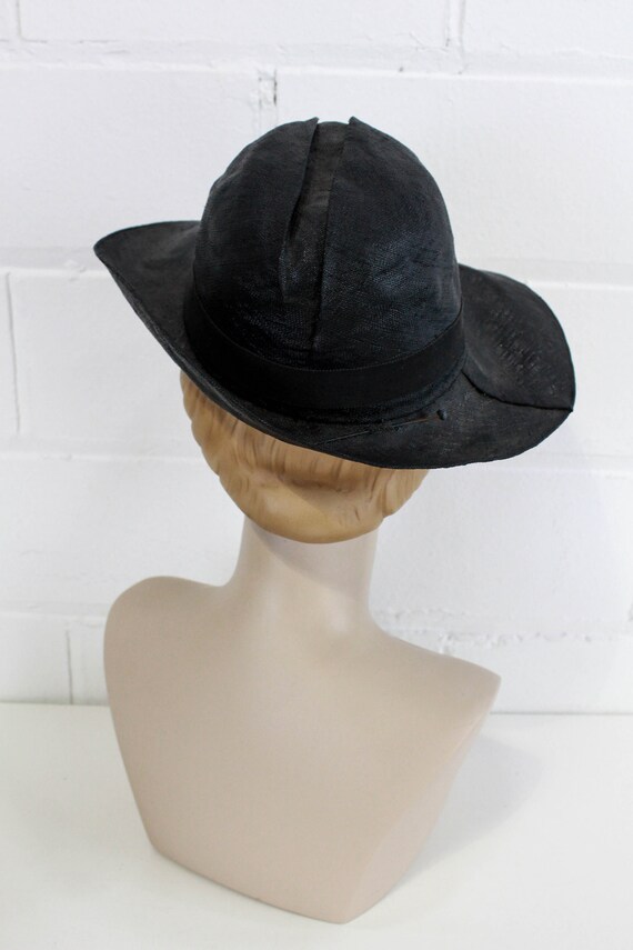 1930s Black Straw Hat, Asymmetrical Brim, Grosgra… - image 3