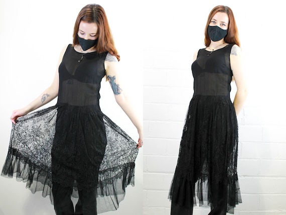 Vintage 20s Womens Black Chantilly Lace Flapper Dress Distressed Silk Evening Gown B 36 Dressmaking Pattern Idea 1920s Womens Dresses Etsy UK
