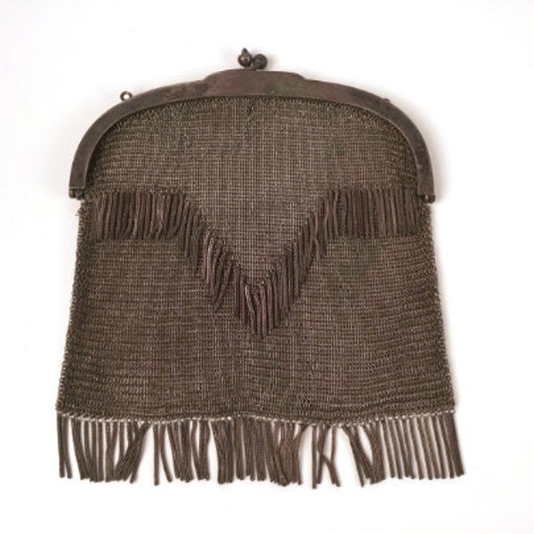 1910s 1920s Metal Mesh Bag With Chevron Fringe, Antique 20s Flapper Purse With Kiss Clasp Frame, Art Deco Evening Bags, Edwardian Handbag