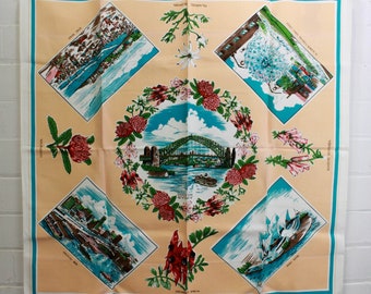 Vintage Sydney Australia Souvenir Table Cloth, Cotton, Wall Hanging, Australian Landmarks and Flowers 49" x 49"