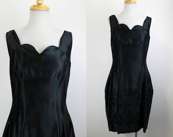 1950s Black Satin Cocktail Dress, Small, Scalloped Neckline, Embroidered Skirt, Vintage 50s Black Sleeveless Dress