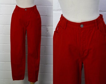 80s Red Bongo Jeans, W28, Vintage High Waisted Denim Jeans Red Cotton, Made in USA, Tapered Leg
