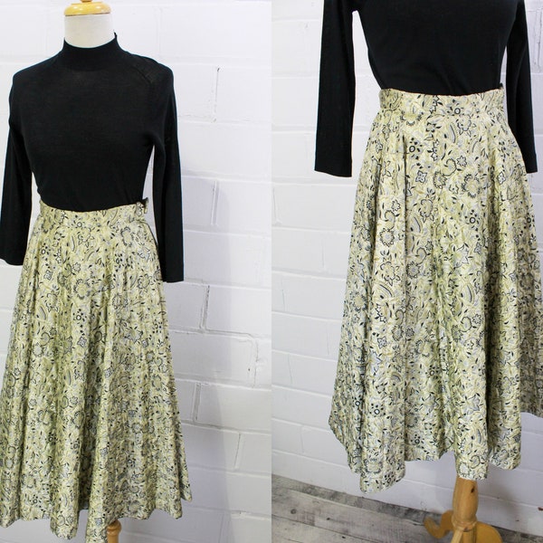 50s Quilted Circle Skirt, Champagne Satin Vintage Novelty Print Full Skirt, Mid Century Skirt, XXS, Waist 22 in.