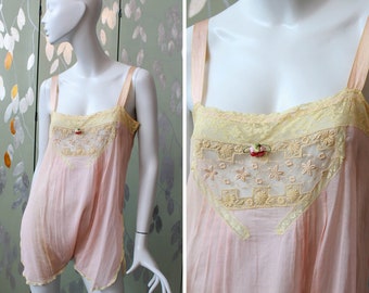 1920s Pink Cotton Step-In, Lace Bust, Rose Applique, Silk Ribbon Straps, Antique Flapper Lingerie