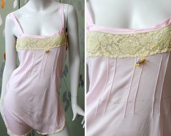 1920s Lilac Pink Rayon Step-In, Small, Antique Lingerie, Lace Inset, Vintage Teddy