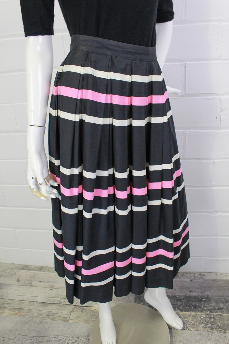 Vintage A-line Pleated Full Skirt 1950s Novelty Skirt Black and Pink Stripes Waist 25 in. Miss Sun Valley