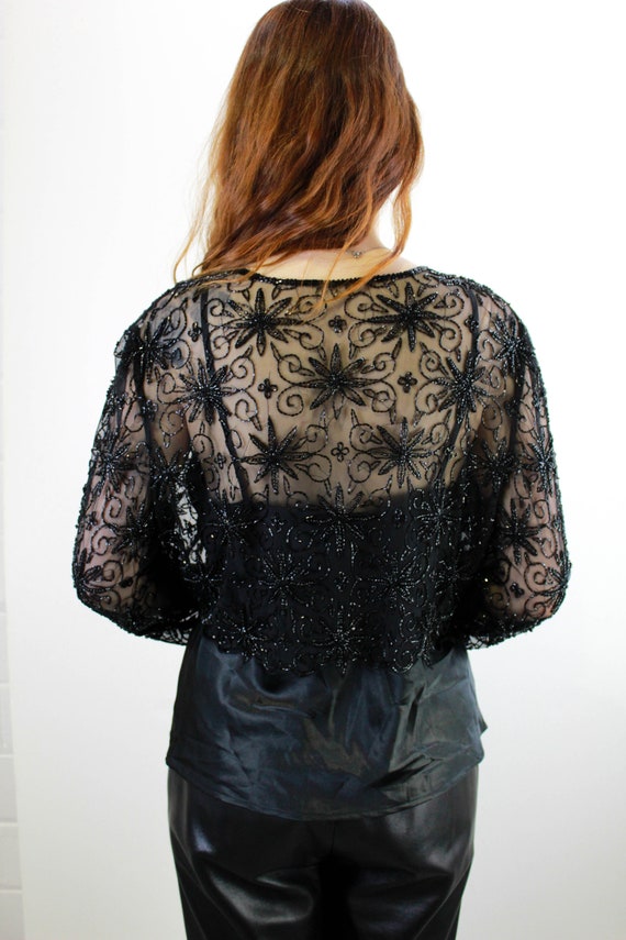 1980s Does 30s Large Black Beaded Floral Net Long… - image 3