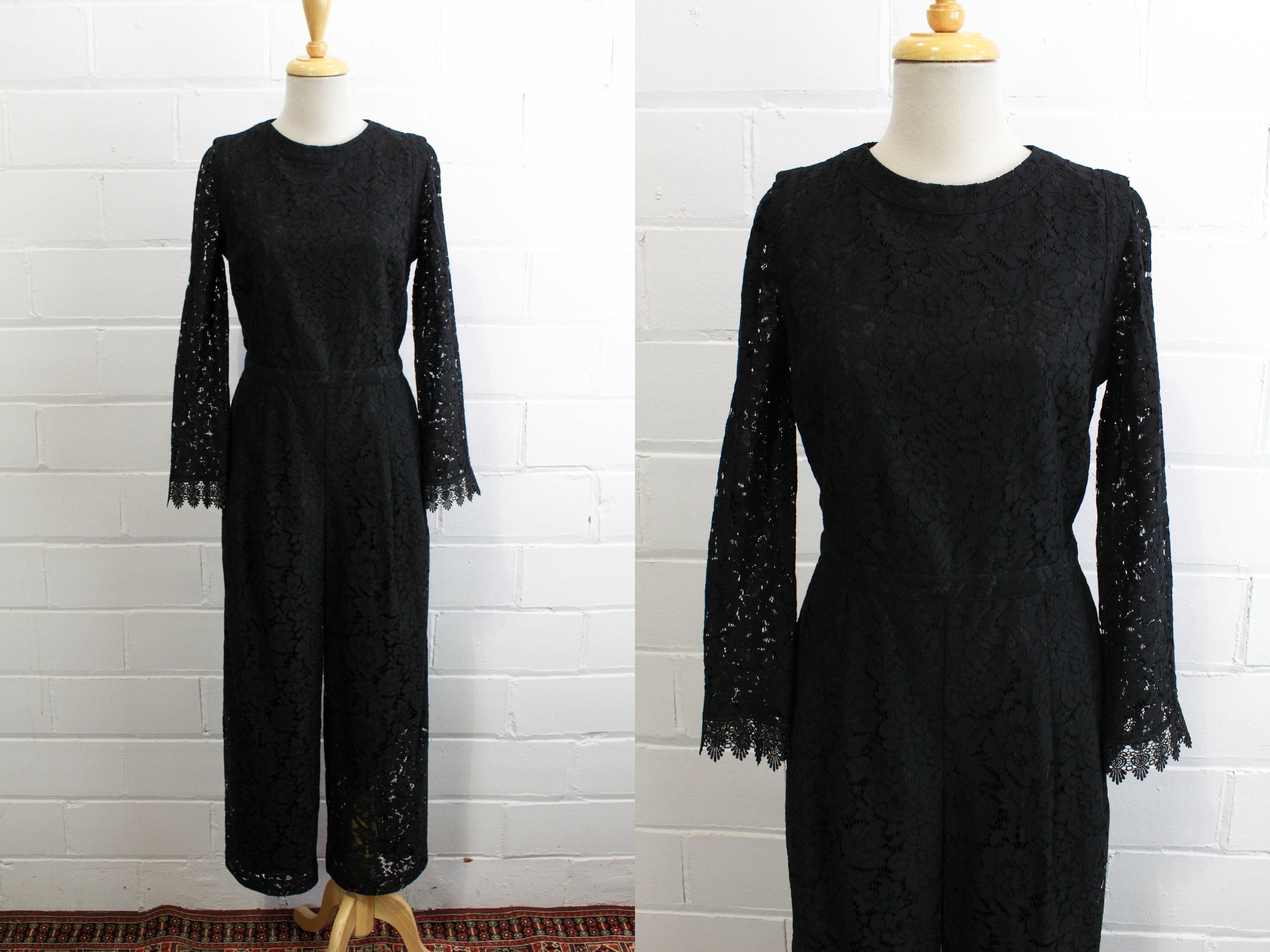 Women's Black Floral Lace Jumpsuit/v-neckline Long Sleeve /high