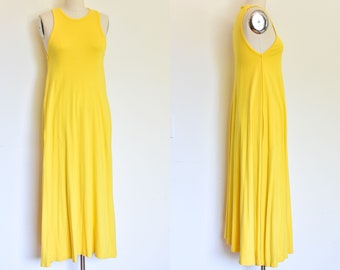 Vintage 1990s Sonia Rykiel Yellow Maxi Dress, Cotton Knit Racer Back Sporty Minimalist Dress with Pockets, Medium