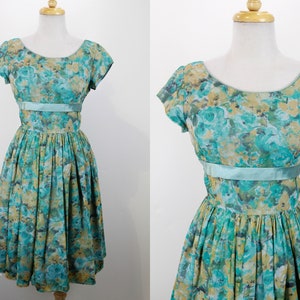 1950s Aqua Floral Dress with Satin Ribbons, XS, Chiffon Floral Print with Full Skirt, Empire Waist