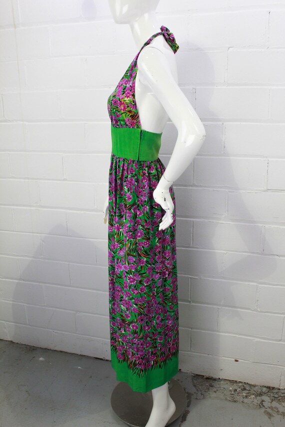 1970s Silk Maxi Dress Green and Purple Floral Pri… - image 4