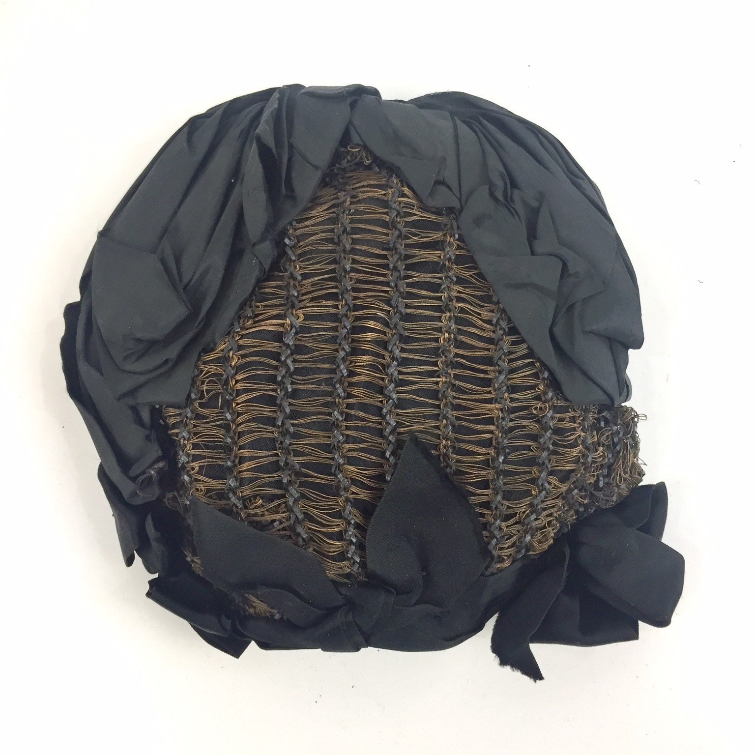 Antique Victorian Mourning Bonnet Hat Black Ribbon Lace Dark Brown Distressed Antique Victorian Black Crepe Mourning Bonnet with Ribbon  main image 2