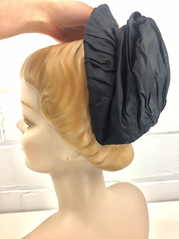 Antique Victorian Bonnet, Black Satin Gathered Mou