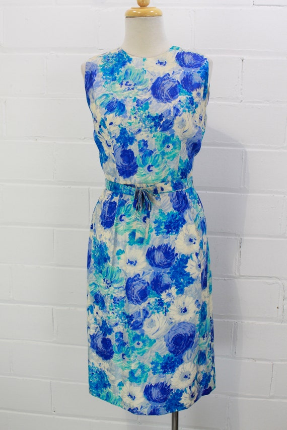 60s Silk Dress Blue Floral Print, 1960s Vintage P… - image 2