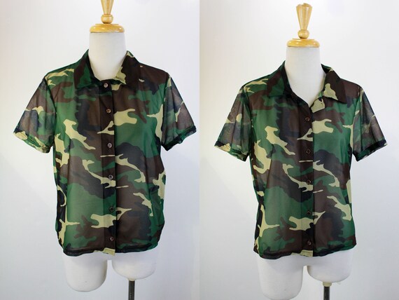 Y2k/90s Camo Shirt Sheer Camo Print 