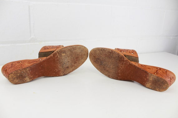 1950s Tooled Leather Sandals, Vintage Tan Leather San… - Gem