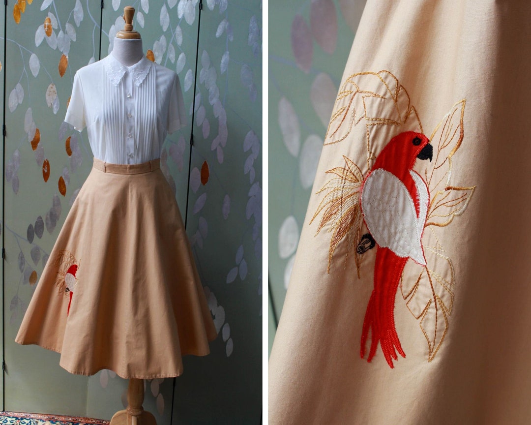 1950s Style Parrot Applique Circle Skirt, 26 Waist, Cotton Novelty