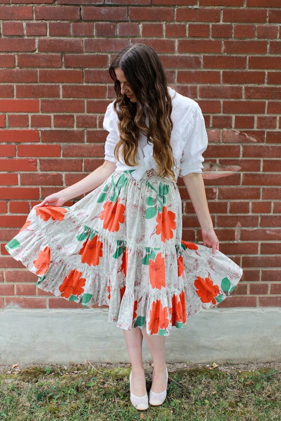 1950s Novelty Print Skirt, Large Orange and Green Floral Print Vintage Full Cotton Skirt, XS Waist 24 in.