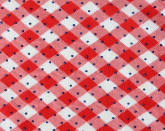 1960s Red And White Checkered Plaid Blue Polka Dots Nylon Fabric, 3.8 Yards