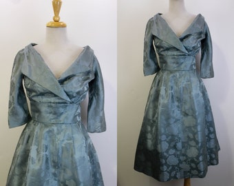 1950s Silk Dress, Metallic Blue Floral Jacquard Silk New Look Style Dress, Fold Over Collar, 3/4 Sleeves, Bust 36, Vintage 50s Womens Dress