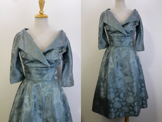 Buy 1950s Silk Dress Metallic Blue Floral Jacquard Silk New Look Online in  India - Etsy