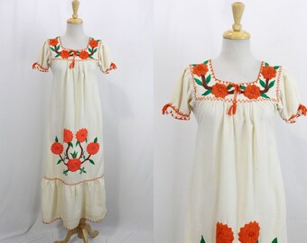 1960s Mexican Dress, Small, Orange Flower Embroidery, Vintage Folk Embroidered Cotton Dress, Short Sleeves Summer Boho Festival Dress