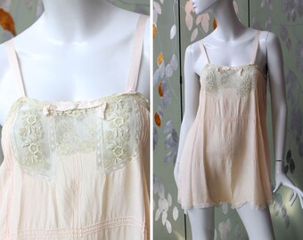 1920s Pink Silk Step-In with Floral Lace Insets, Bow, Antique Teddy, Flapper Lingerie, Ribbon Straps