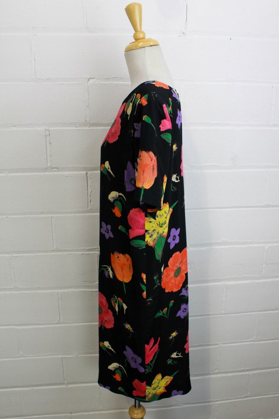 1990s Black Floral Dress, Medium, Short Sleeves, … - image 5