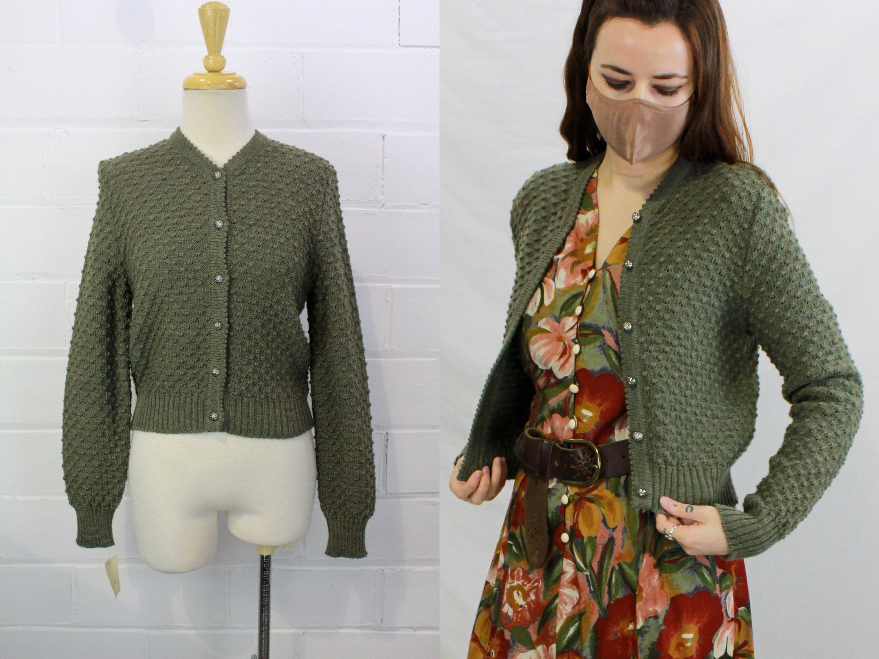 Austrian Wool Cardigan Trachten Sweater, Vintage Olive Green