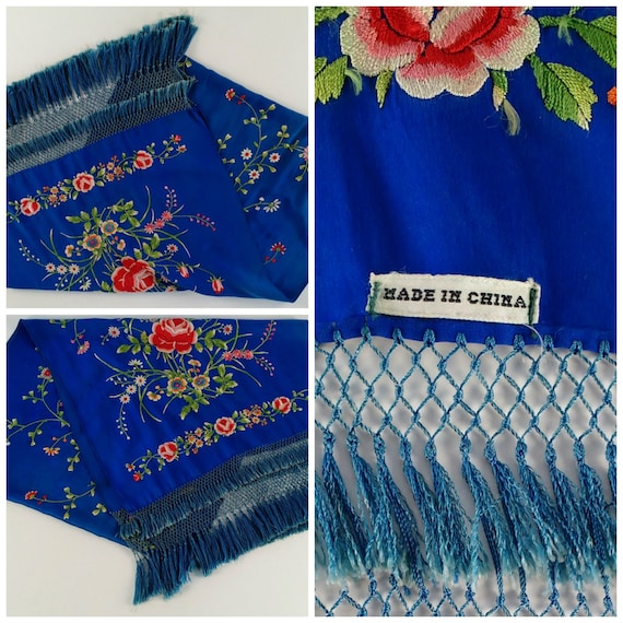 1920s Fringed Silk Piano Shawl, Blue Embroidered … - image 5
