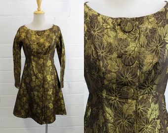 1960s Brocade Metallic Mini Dress, Button Front, Long Sleeves, Gold Metallic Floral Print, S. Howard Hirsh California