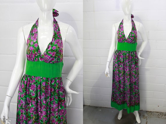 1970s Silk Maxi Dress Green and Purple Floral Pri… - image 1