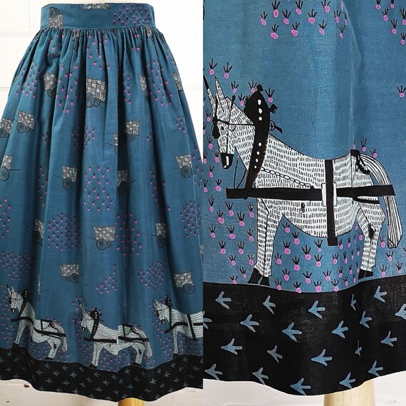 Vintage 50s Womens Teal Blue Novelty Print Skirt,