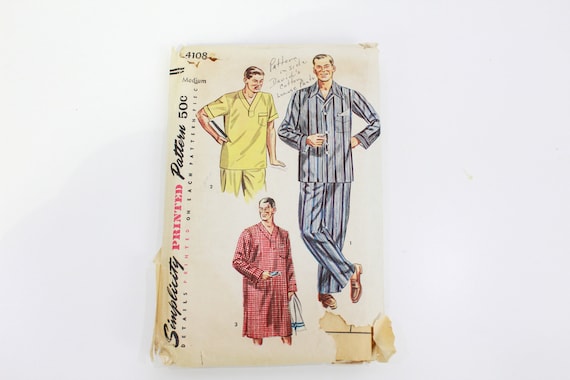 1950s Men s Pyjamas and Night Shirt Sewing Pattern Simplicity 4108 Size Medium Chest 38 40 in. Vintage Sewing Pattern Mens 50s Clothing