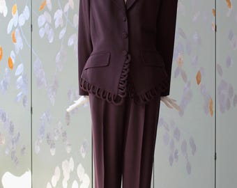 1980s/1990s Plum Sophie Sitbon Paris Pant Suit With Loop Trim Detail, Medium